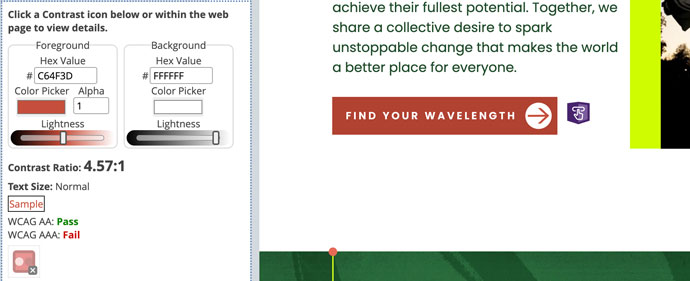 Color Contrast Tool Interface with failing score