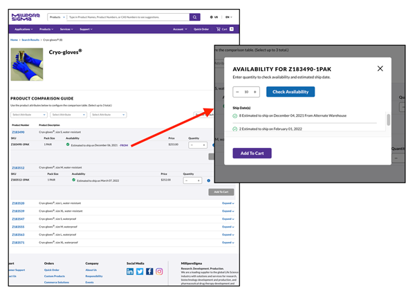 product description page with magnified availability data section
